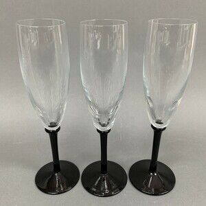 Fluted Champagne Glass Glasses Clear Bowl Black Stem 9" high Lot of 3